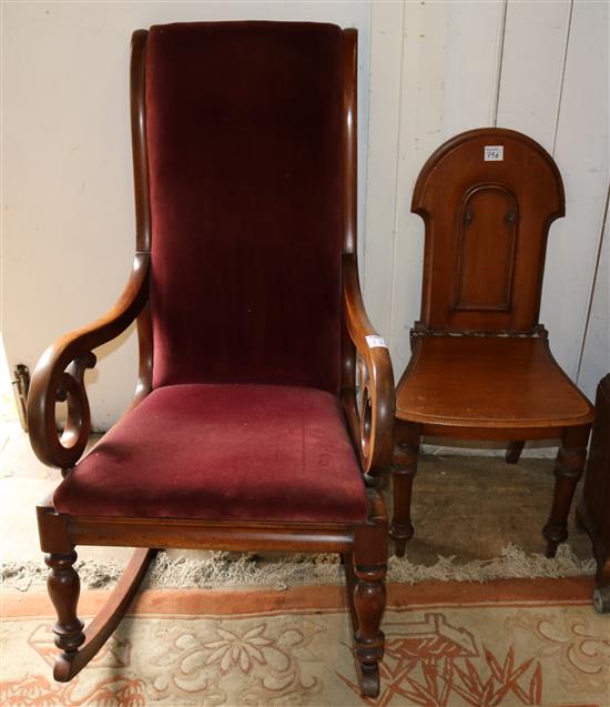 Victorian mahogany framed scroll arm rocking chair and a Victorian hall chair (back detached)